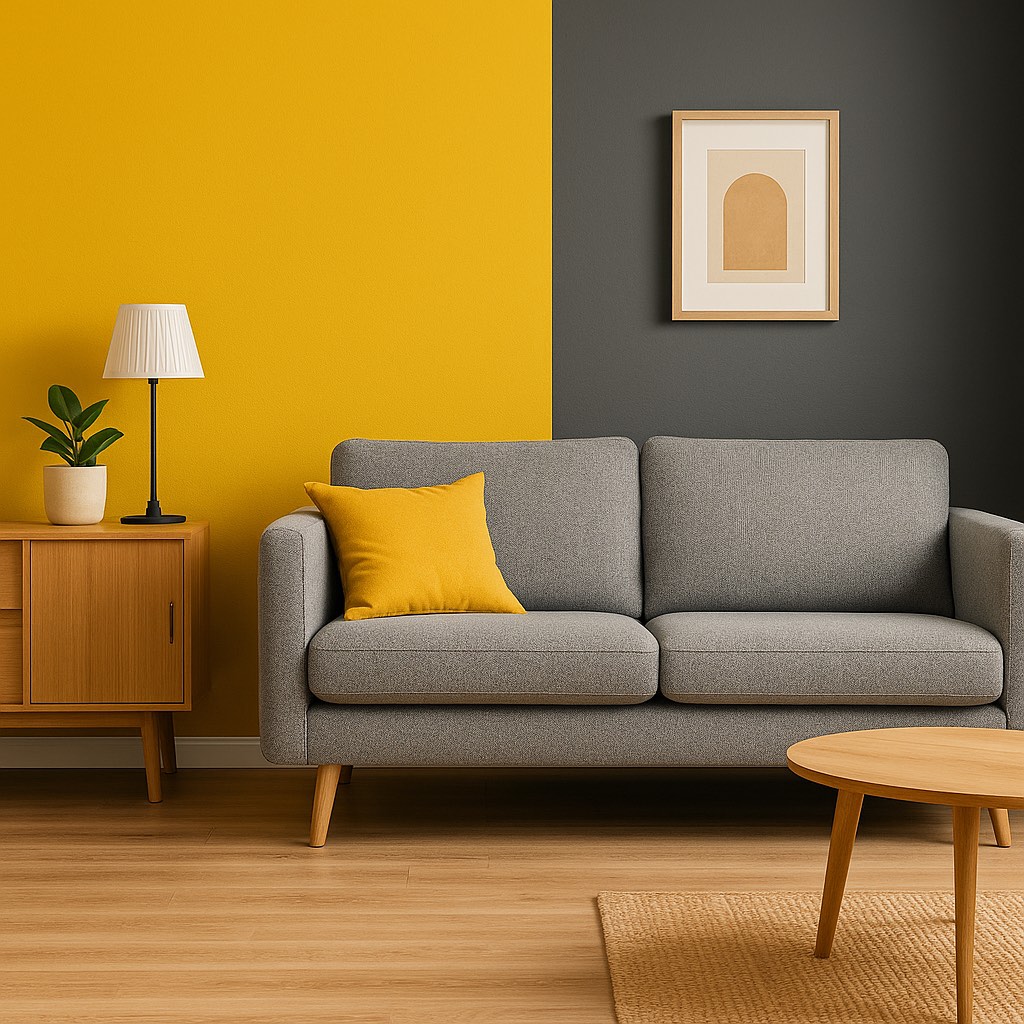 Mustard Yellow + Charcoal Gray – стилна дневна или офис.